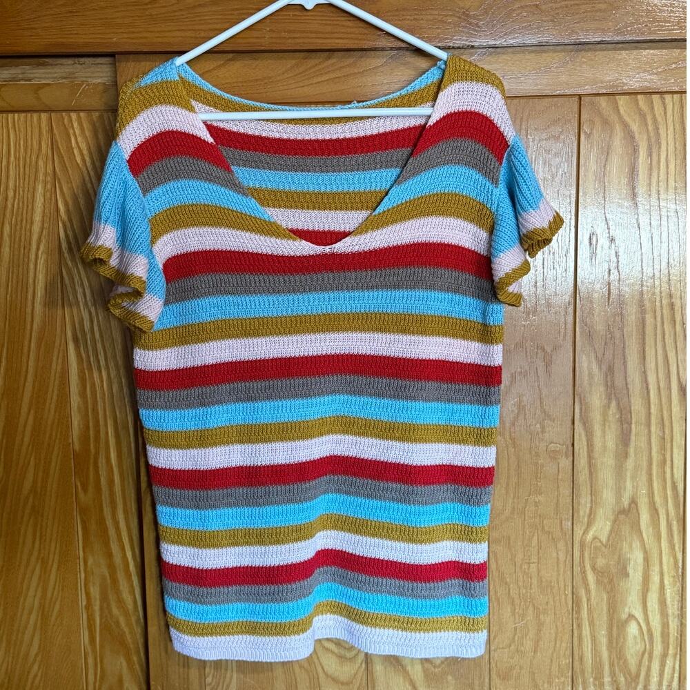 Cottagecore, Crochet Women's Multicolor Striped Knit Top, M